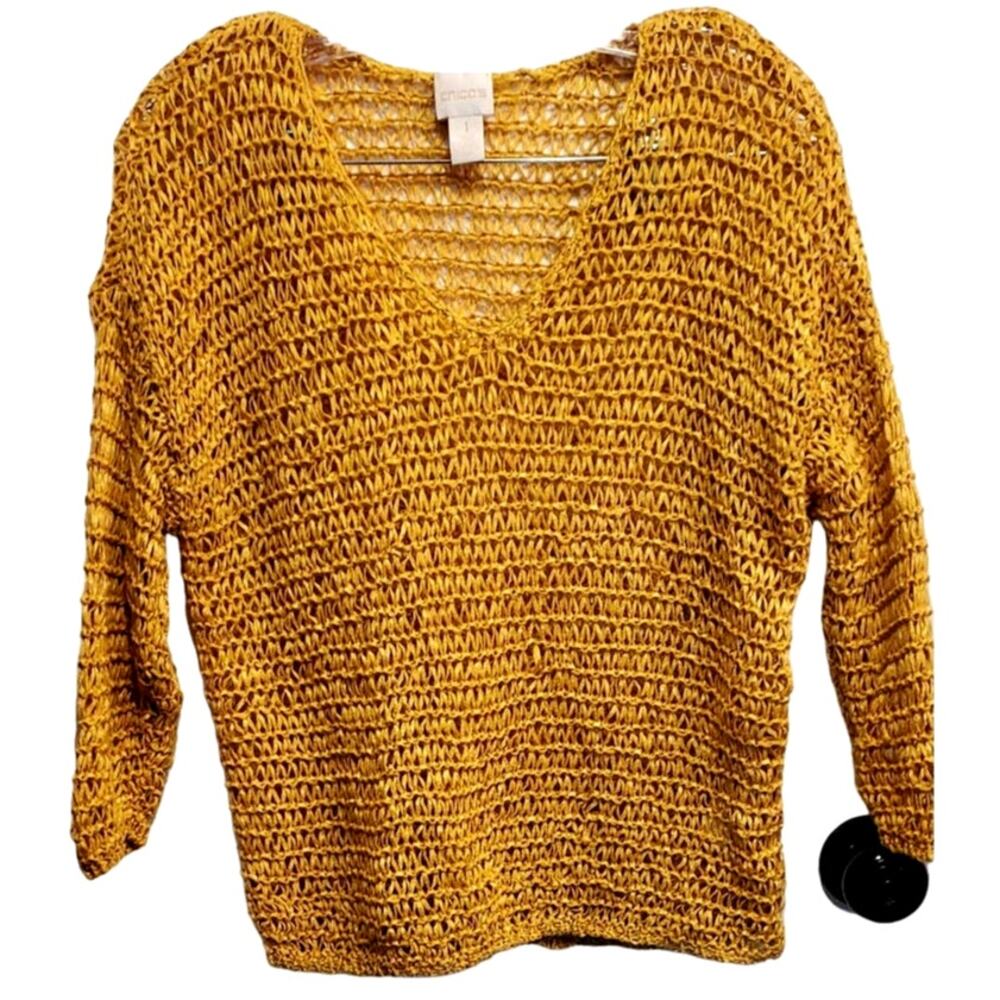 Chico's Golden Yellow Open Knit V-Neck Sweater Size 2